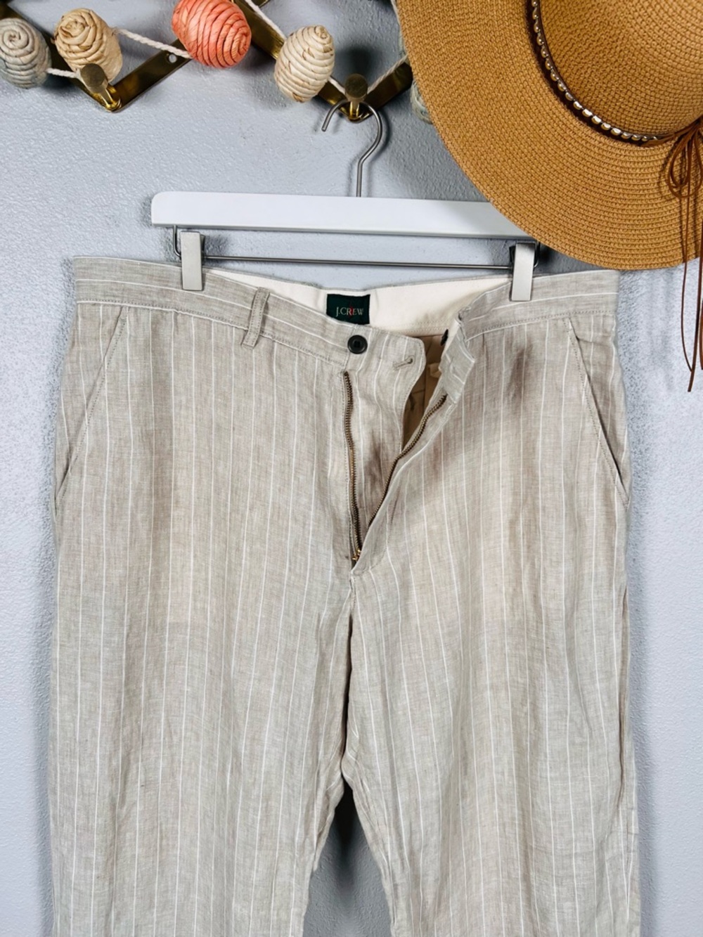 J. Crew Classic Fit Linen Trousers 36x30 Khaki Ivory Pinstripe NWT Men's - Picture 5 of 10